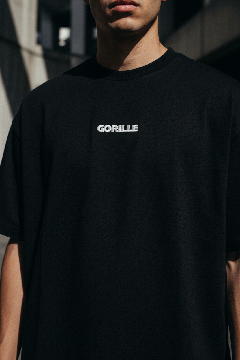 T-shirt oversize brodé GORILLE noir - détail broderie logo centré - mode urbaine homme